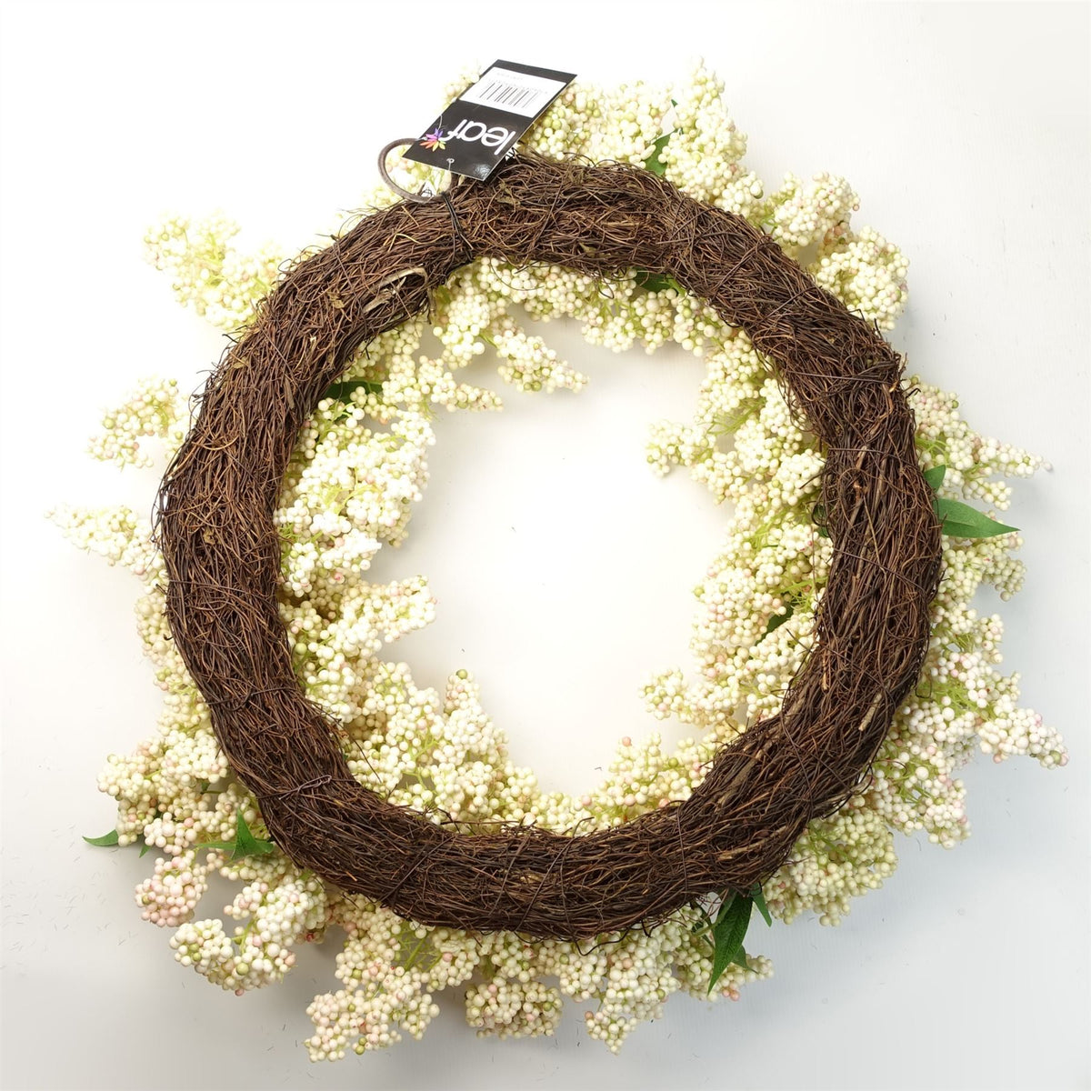 Large Artificial Hanging White Berry Wreath, 55cm – Door Decoration with Woven Base