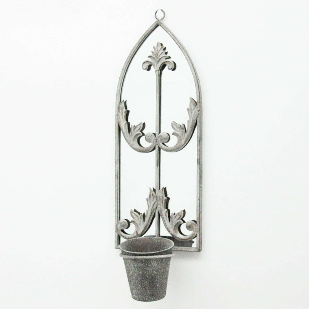 Elegant Rustic Arched Garden Wall Mirror with Flower Pot Holder – Patina Finish, Glass & Metal Frame