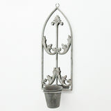 Elegant Rustic Arched Garden Wall Mirror with Flower Pot Holder – Patina Finish, Glass & Metal Frame