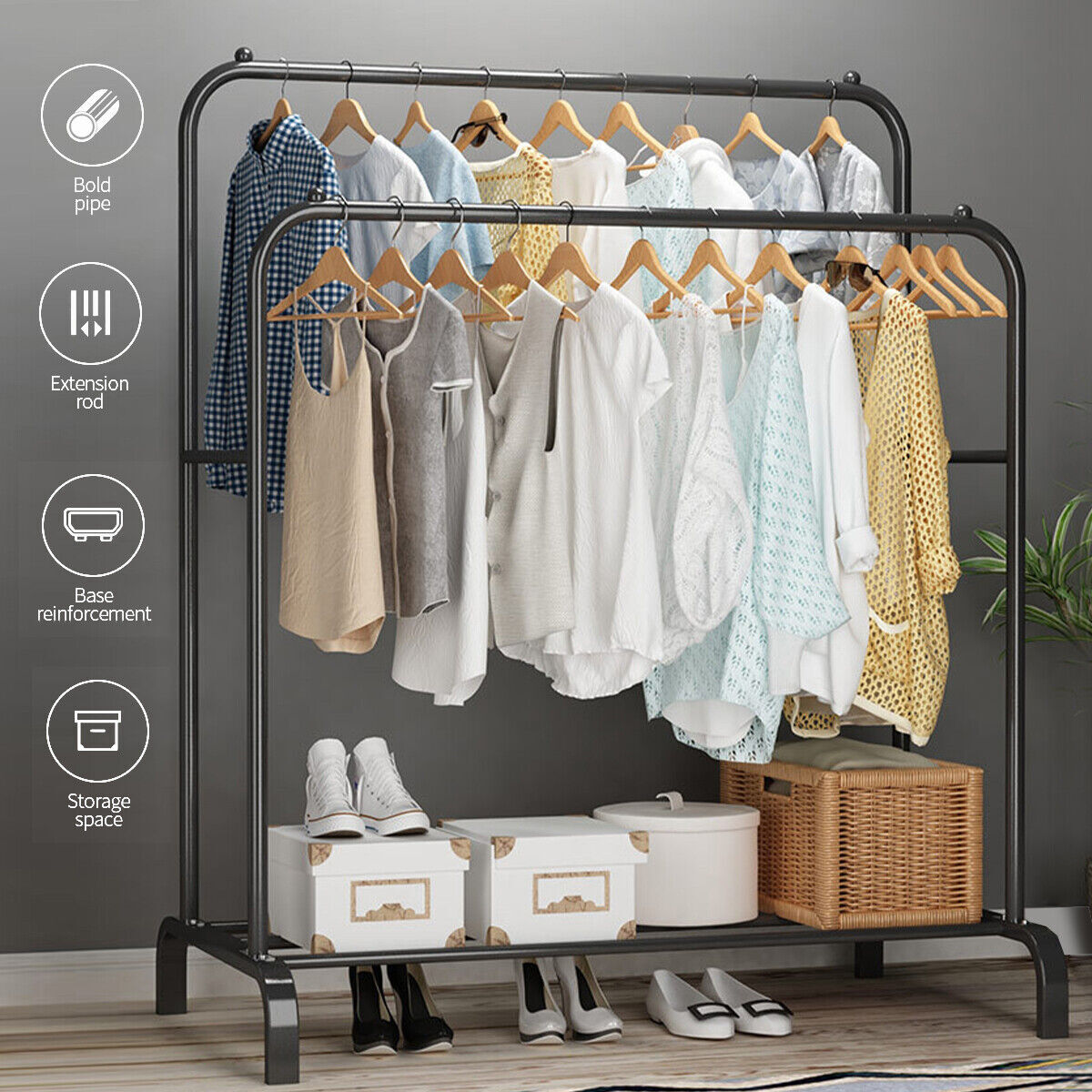 Heavy Duty Double Clothes Rail with Bottom Shoe Shelf, 110 x 54.5 x 150cm, Black