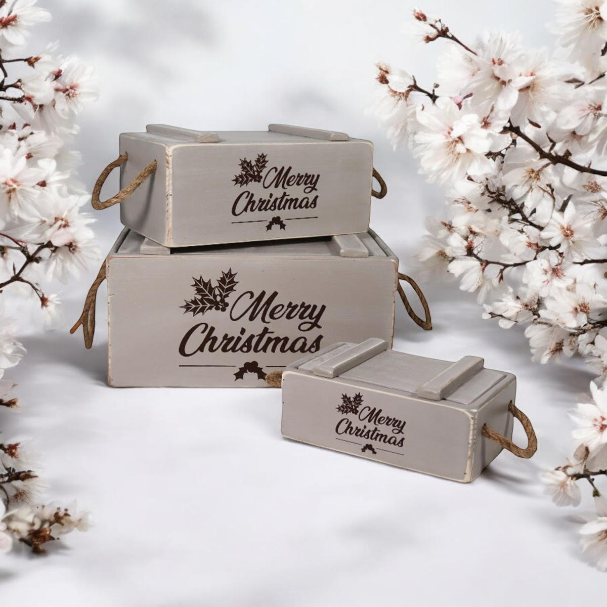 AcaciaHome Vintage Wooden Merry Christmas Storage Crate Set with Sturdy Handles – Festive Rustic Decor