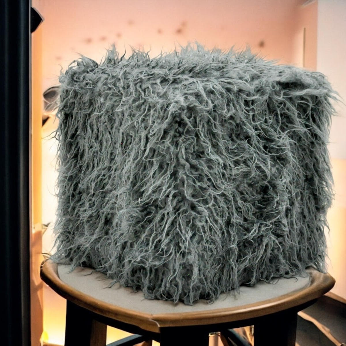 Dark Grey Faux Fur Cube Ottoman Footstool, 38cm – Super-Soft Sponge-Padded Footrest for Home or Office