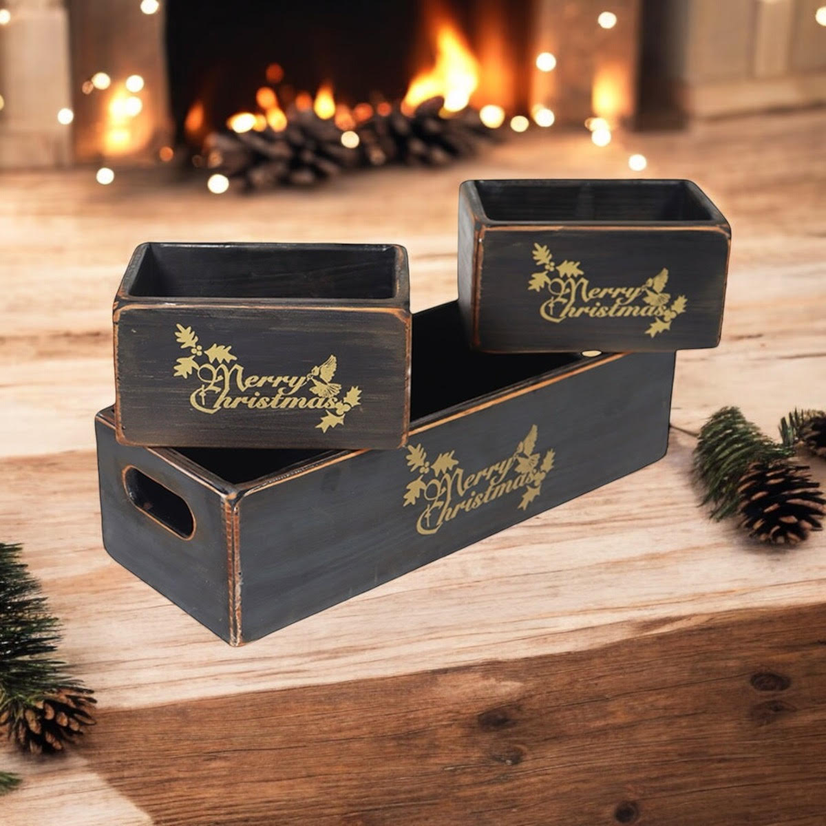 AcaciaHome Vintage Wooden Merry Christmas Storage Crate Set with Sturdy Handles – Festive Rustic Decor