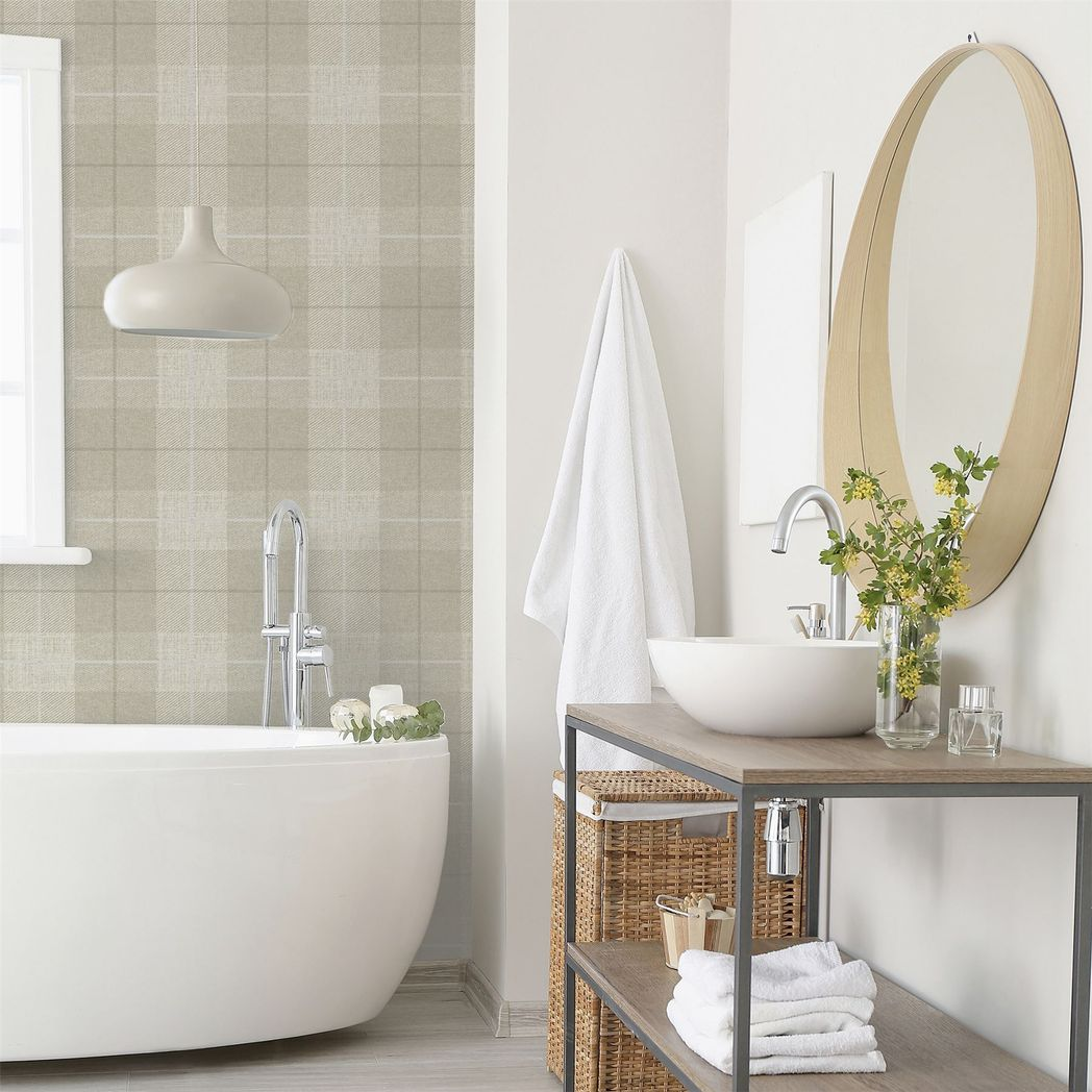 Arthouse Country Tartan Heavyweight Vinyl Wallpaper – Hardwearing Textured Hallway Design, Taupe