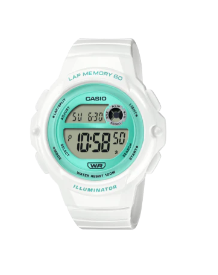 Casio Ladies Digital Watch – Green Dial, White Resin Band