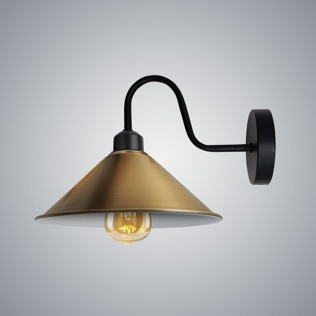 Vintage Swan Neck Wall Light with Cone Shade and E27 Socket – Dimmable Indoor Wall Sconce, Yellow Brass