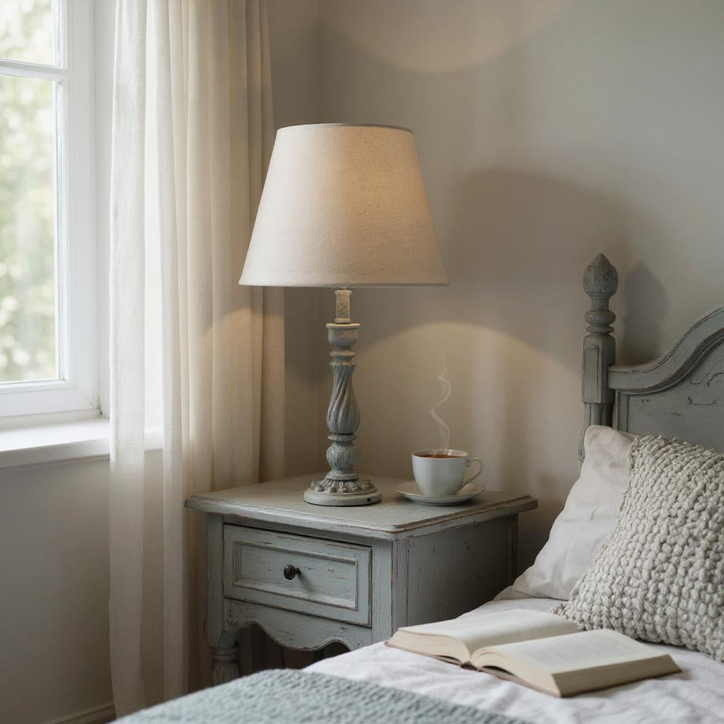 AcaciaHome Tall Washed Wood Table Lamp with Taupe Linen Shade – Shabby Chic & Farmhouse Lighting
