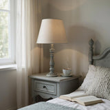 AcaciaHome Tall Washed Wood Table Lamp with Taupe Linen Shade – Shabby Chic & Farmhouse Lighting