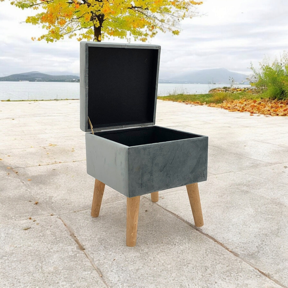 AcaciaHome Square Velvet Ottoman Footstool with Lift-Up Storage – Medium-Firm Foam Seat, Grey