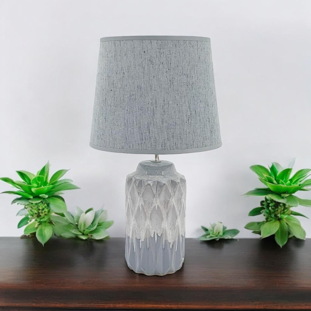 AcaciaHome Grey Two-Tone Ceramic Table Lamp with Drum Shade – 40cm Bedside & Desk Lighting