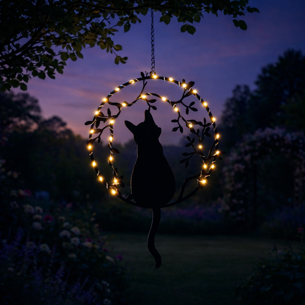 Avilo Hanging Solar Cat Garden Light with 24cm Chain – Powder-Coated Iron Outdoor Decoration