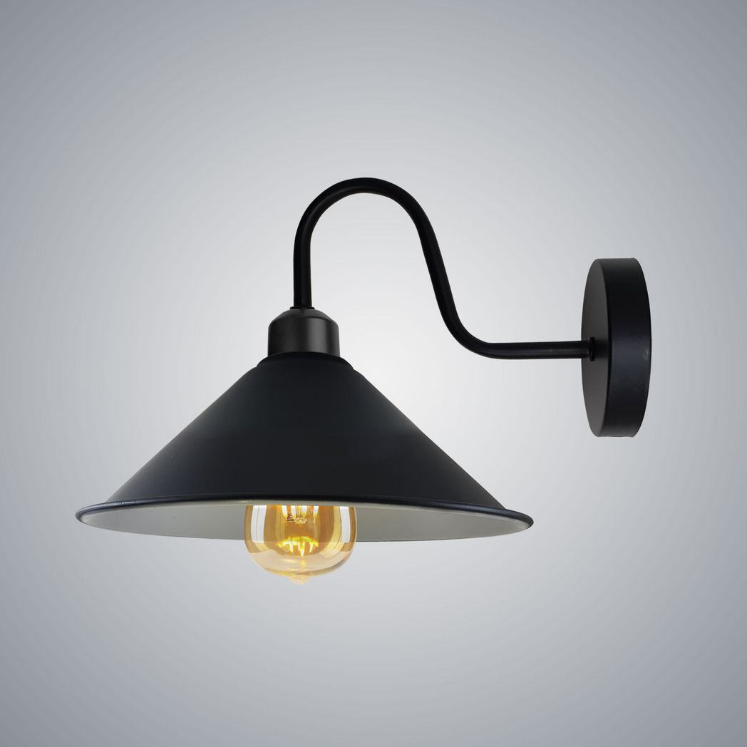 Black Cone Wall Light with Swan Neck Arm and E27 Base – Dimmable Vintage Indoor Wall Sconce
