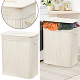 Rectangular Bamboo Laundry Basket with Lid, Divider & Rope Handles – Storage Organiser for Bathroom & Laundry Room, White