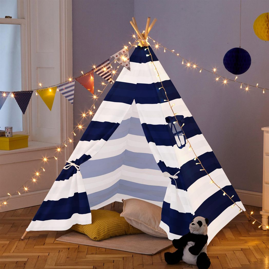 Neo Kids Canvas Teepee Play Tent with Bunting – Navy and White Stripe