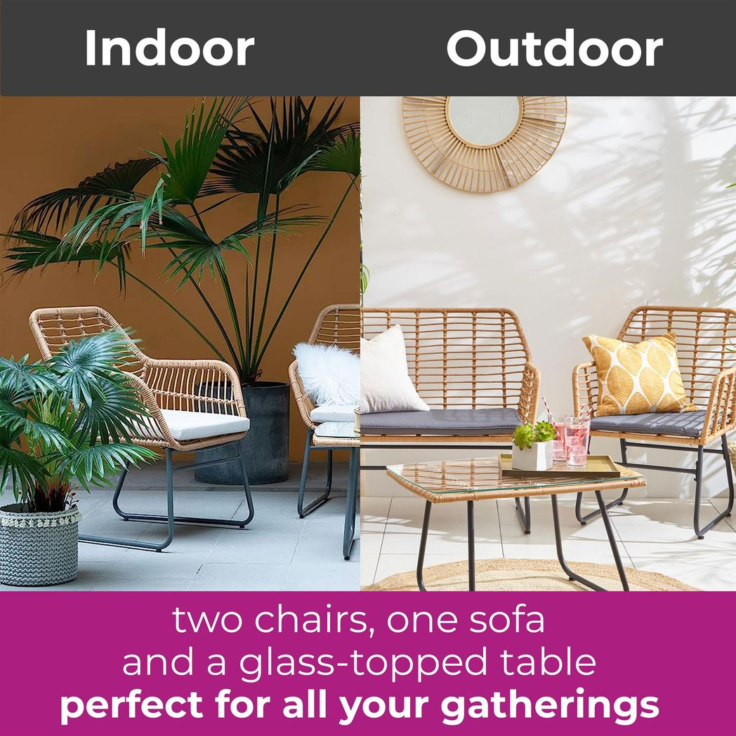Neo Bamboo Style Rattan Garden Sofa Set with Glass Top Table and 2 Chairs, 4 Piece – Indoor & Outdoor, Grey