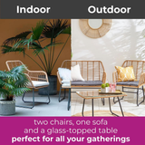 Neo Bamboo Style Rattan Garden Sofa Set with Glass Top Table and 2 Chairs, 4 Piece – Indoor & Outdoor, Grey
