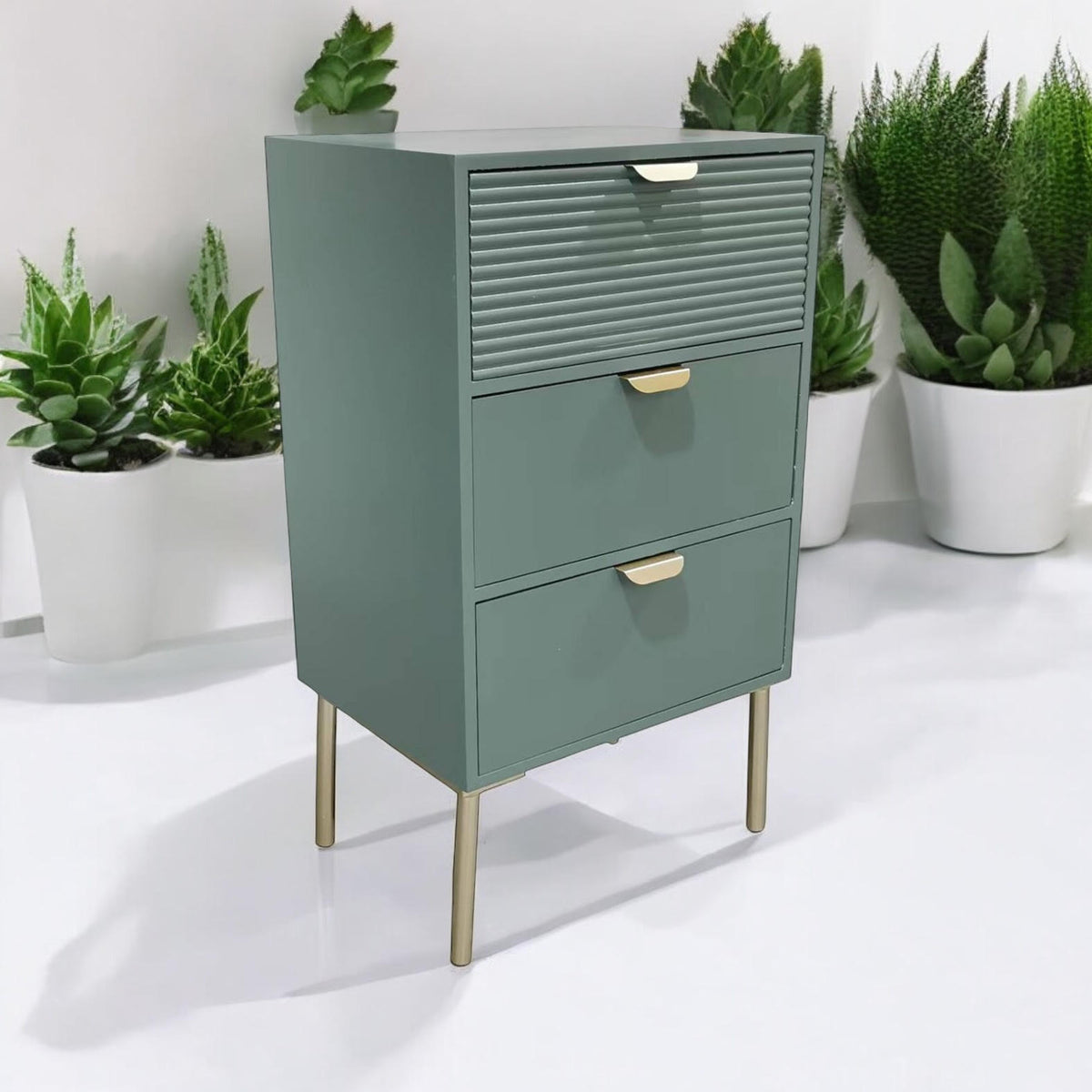 AcaciaHome Wooden 3 Drawer Chest with Solid Pine Top & Metal Handles – Compact Bedroom Storage, Green