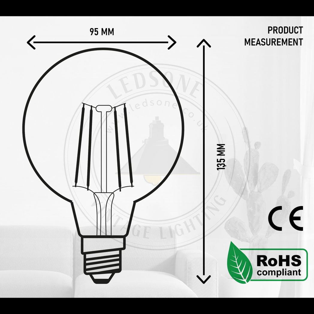 Ledsone 6-Pack E27 G95 Dimmable LED Edison Bulbs – Vintage Amber Glass Filament Lamps, 2700K Warm White