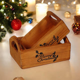 AcaciaHome Vintage 'Merry Xmas' Wooden Storage Crates, Set of 2 – Stackable with Handles, Brown
