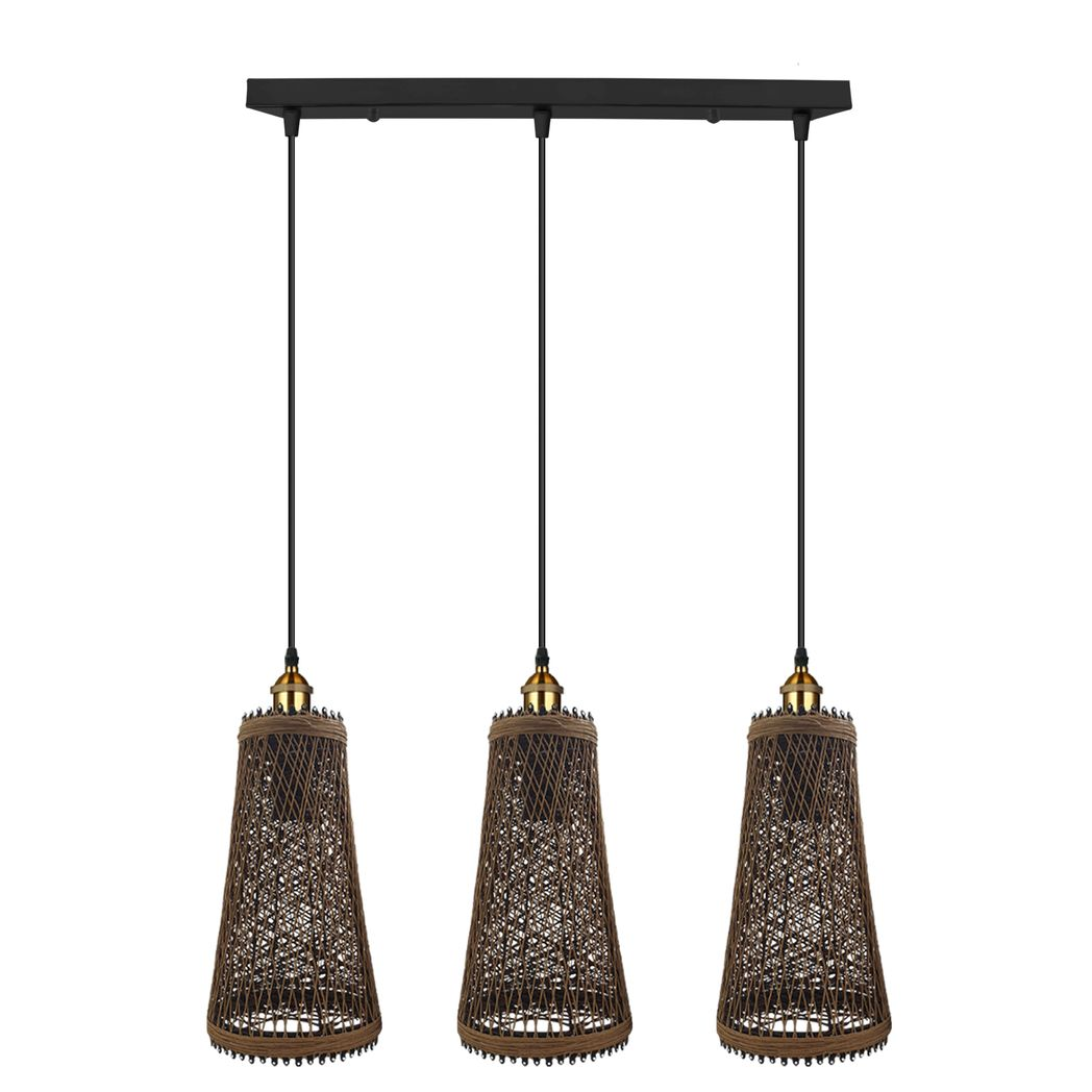 LEDSONE 3 Head Natural Wicker Basket Pendant Light with E27 Holders – Retro Industrial Rattan Ceiling Light