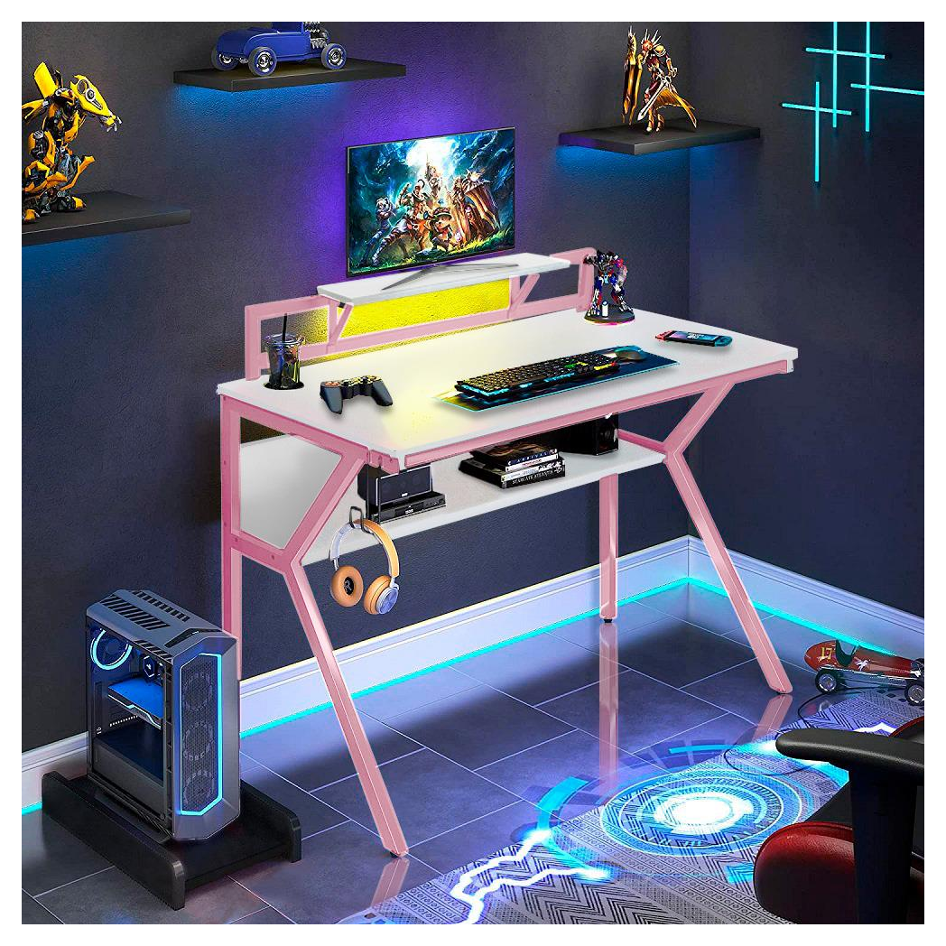 Neo 2-Tier Gaming Computer Desk with Monitor Shelf, Headphone Hooks & Carbon Fibre Texture Top – Pink