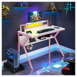 Neo 2-Tier Gaming Computer Desk with Monitor Shelf, Headphone Hooks & Carbon Fibre Texture Top – Pink