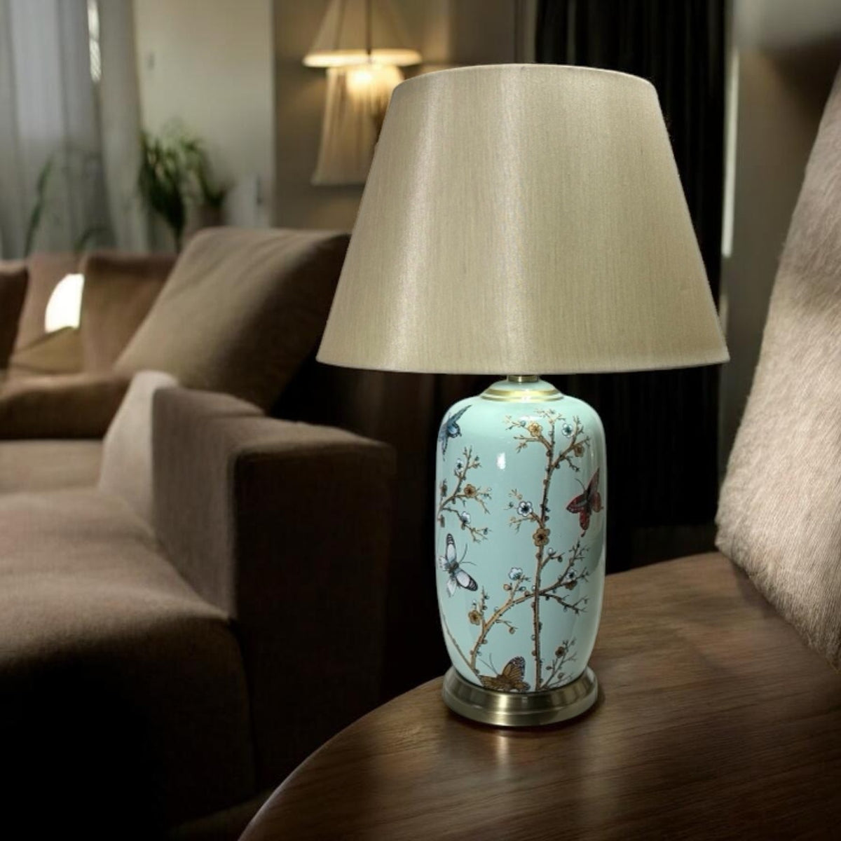 AcaciaHome 44cm Floral Ceramic Table Lamp with Drum Shade – Bedroom & Living Room Lighting
