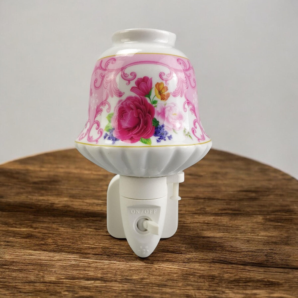 Ceramic Plug-In LED Night Light with Colourful Floral Design – Decorative Bedroom and Nursery Light, Pink Rose