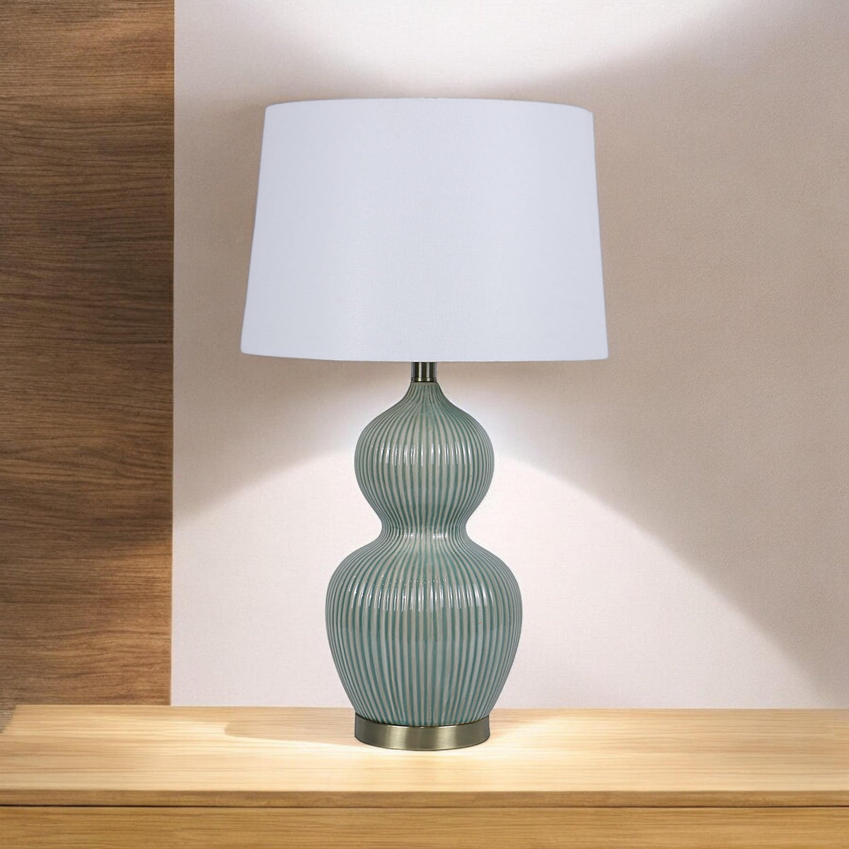 Cream Ceramic Table Lamp with Striped Base and Handmade Pleated Drum Shade – 3 Layer, 59cm Shade, Living Room or Hallway
