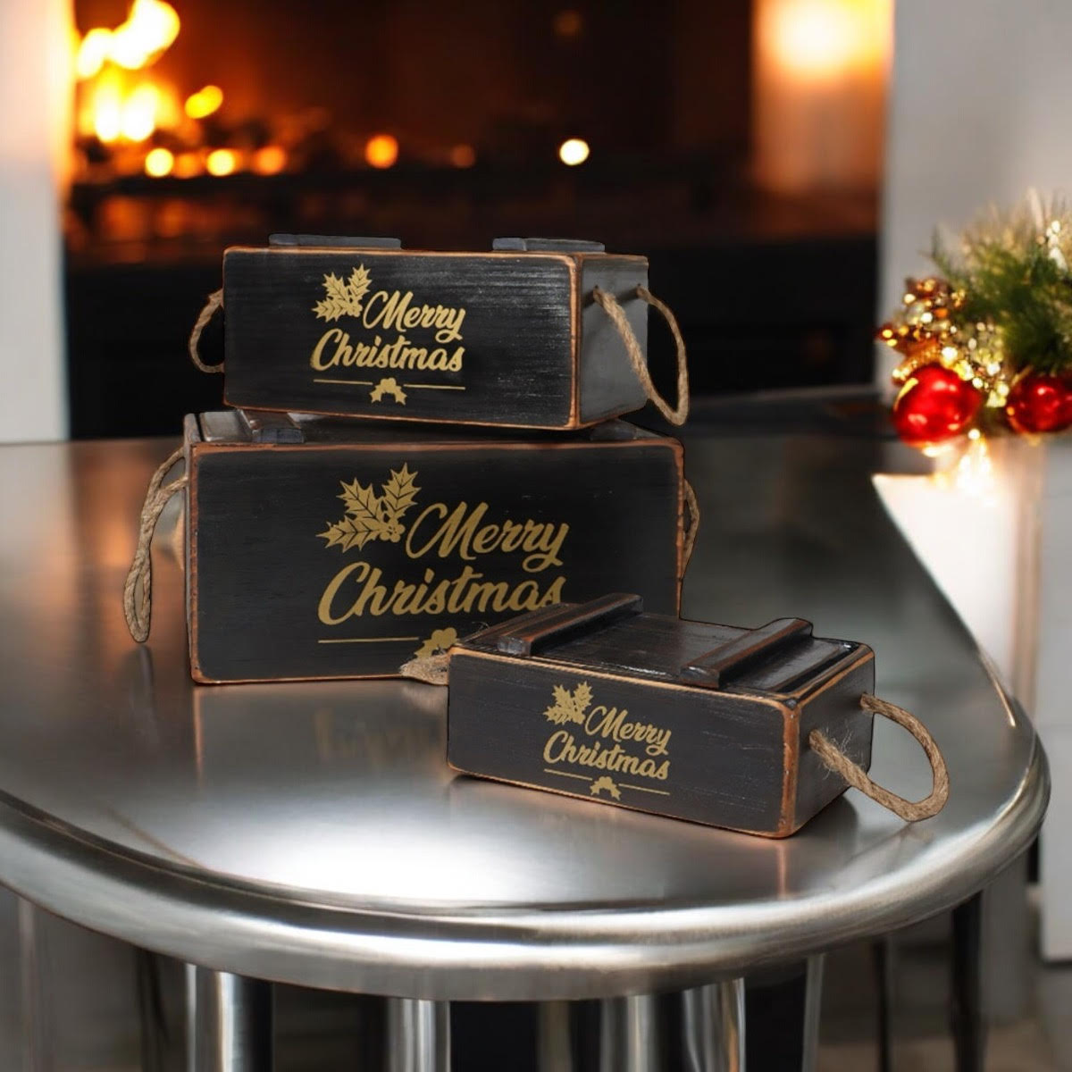 AcaciaHome Vintage Wooden Merry Christmas Storage Crate Set with Sturdy Handles – Festive Rustic Decor