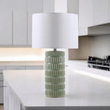 Cream Ceramic Striped Table Lamp with Handmade Drum Shade – Living Room & Bedroom Lighting