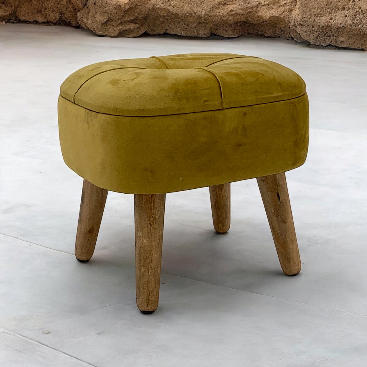 AcaciaHome Round Velvet Ottoman Footstool with Lift-Up Storage – Medium-Firm Foam Seat, Yellow