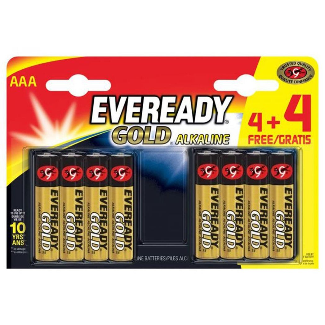 Eveready Gold Alkaline AAA/LR03 Batteries, 8 Pack (4 + 4) – Long Shelf Life Power for Remotes & Toys