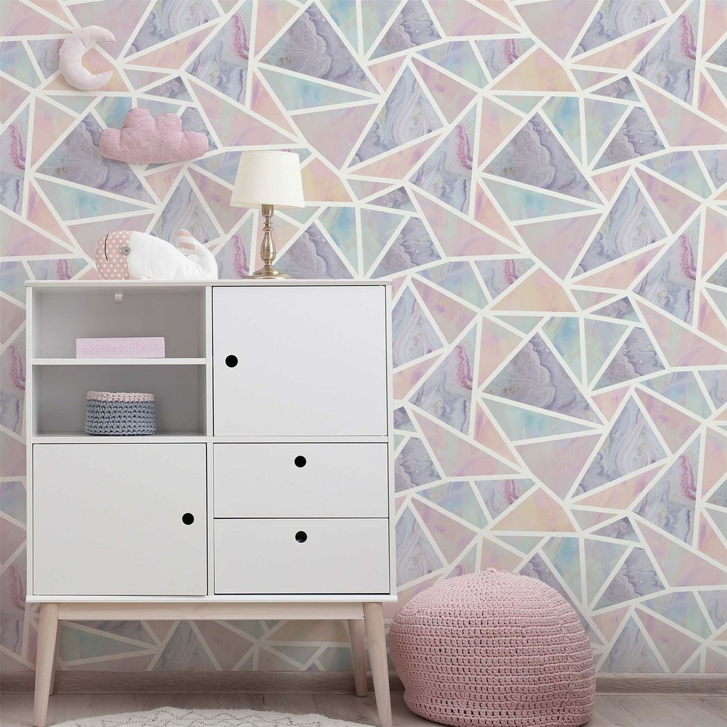 Arthouse Pastel Geo Multi Geometric Wallpaper with Glitter Highlights – Pink & Purple Marble Feature Wall