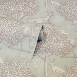 Arthouse Woodland Scene Wallpaper with Deer, Birds and Rabbits – Country Style Feature Wall, Sage Green