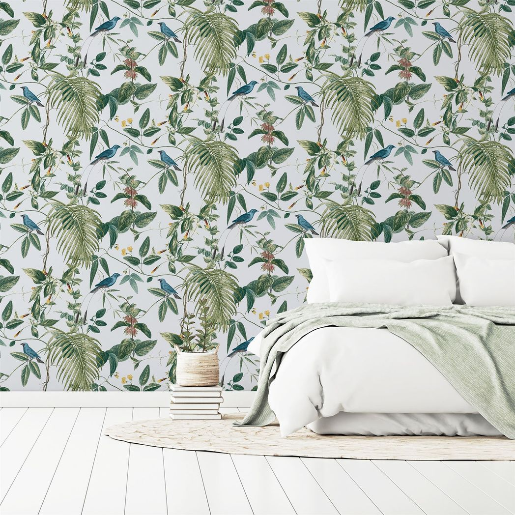 Arthouse Exotic Garden Wallpaper with Birds, Flowers and Foliage – Vintage Botanical Print, Blue