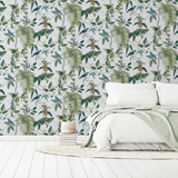 Arthouse Exotic Garden Wallpaper with Birds, Flowers and Foliage – Vintage Botanical Print, Blue