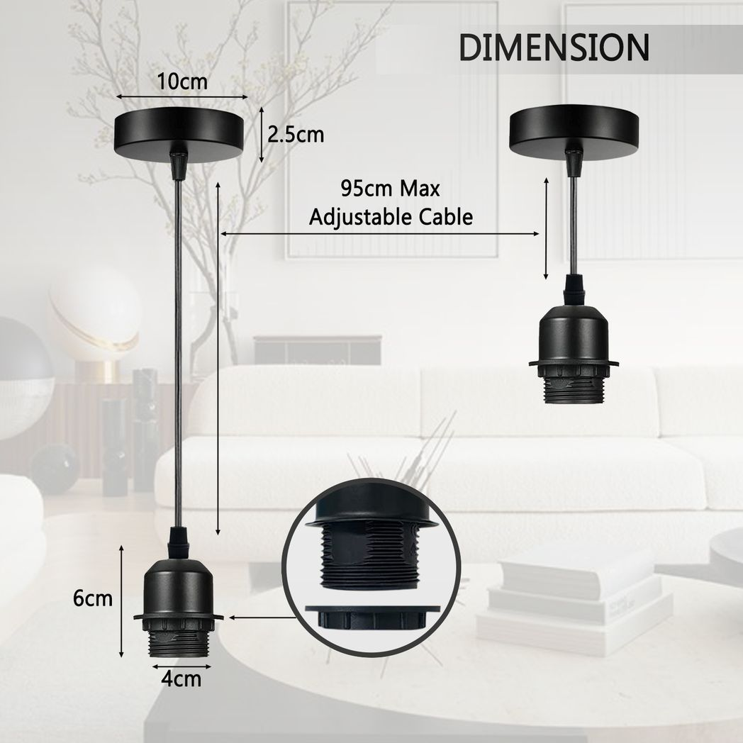 10 Pack Industrial Grey Pendant Light Holders with 95cm Cable – E27 Vintage Ceiling Fittings