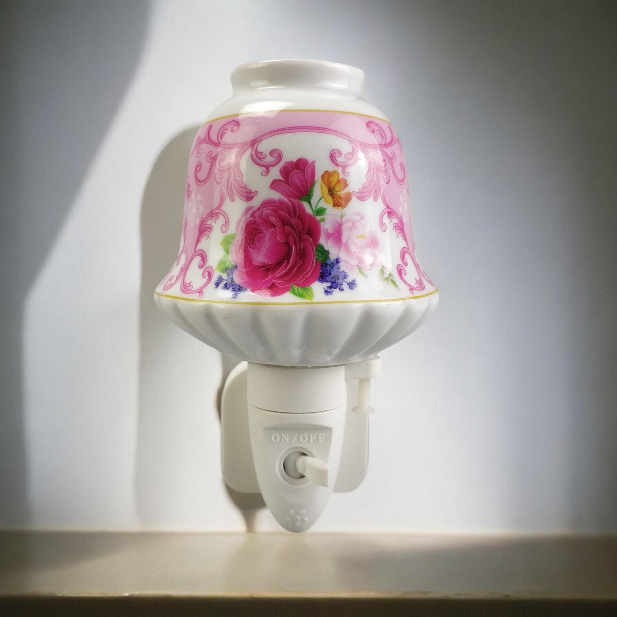 Ceramic Plug-In LED Night Light with Colourful Floral Design – Decorative Bedroom and Nursery Light, Pink Rose
