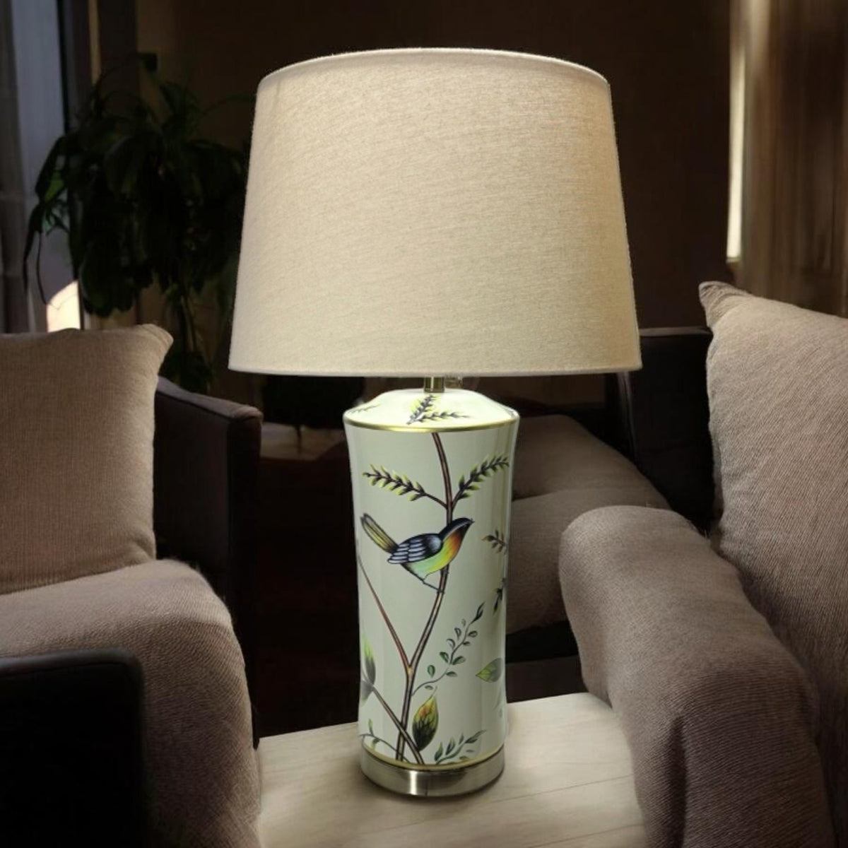 AcaciaHome 51cm Floral Ceramic Table Lamp with Drum Shade – Bedroom & Living Room Lighting