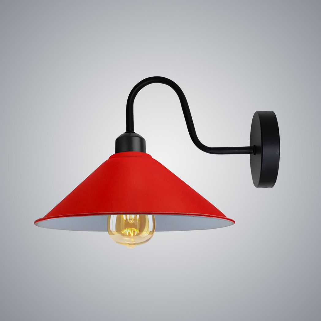 Red Cone Wall Light with Swan Neck Arm, E27 Base & Black Sconce – Dimmable Vintage Indoor Wall Lamp