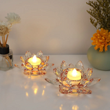 Crystal Glass Lotus Candle Holder with LED Tealight – Faceted Petal Home Decor