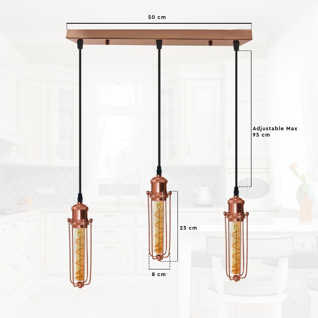 LEDSONE 3 Head Rectangle Rose Gold Wire Cage Pendant Light, E27 – Industrial Hanging Lamp for Kitchen Island