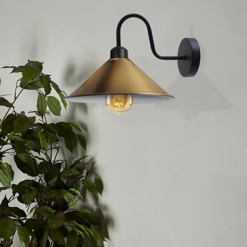 Vintage Swan Neck Wall Light, Cone Shade, E27 Socket – Dimmable Indoor Wall Sconce, Yellow Brass