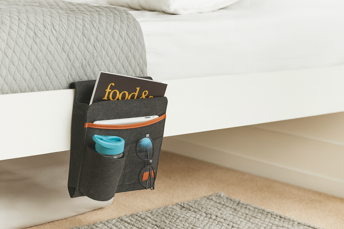 Avilo Bed Pocket Organiser – Bedside Storage for Glasses, Remote Controls & Books