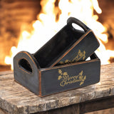 AcaciaHome Vintage 'Merry Xmas' Wooden Storage Crates, Set of 2 – Stackable with Handles, Black