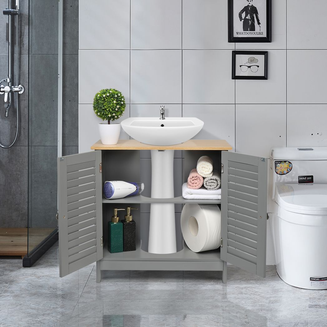 Modern Under-Sink Bathroom Cabinet with Double Slatted Doors, Waterproof MDF – Space-Saving Storage, Grey