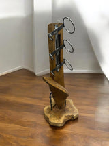 Solid Wood Wine Bottle Holder with Abstract Design – Free-Standing Dark Brown Wine Rack for Home and Bar
