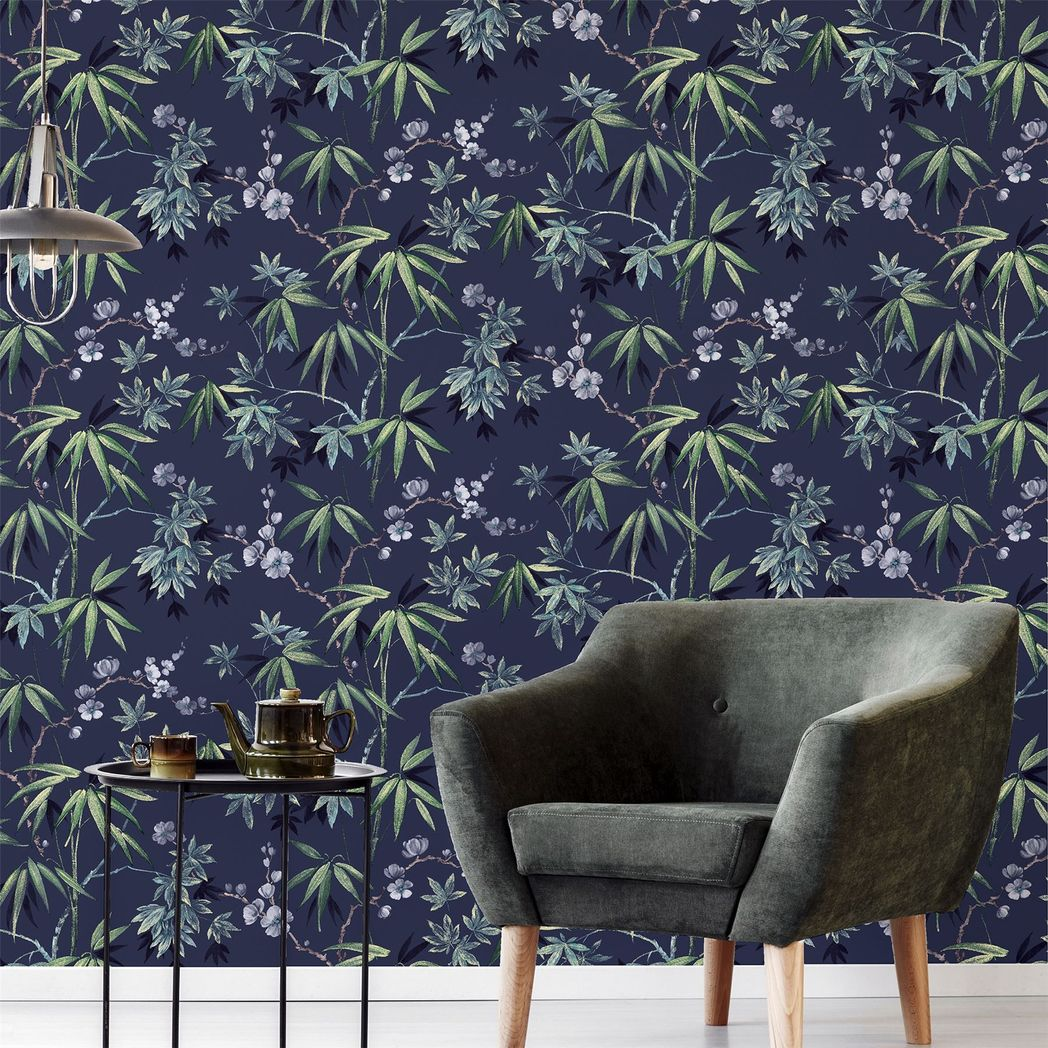 Arthouse Jasmine Garden Vinyl Wallpaper with Lilac Flowers and Metallic Touches – Hardwearing, Navy