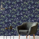 Arthouse Jasmine Garden Vinyl Wallpaper with Lilac Flowers and Metallic Touches – Hardwearing, Navy